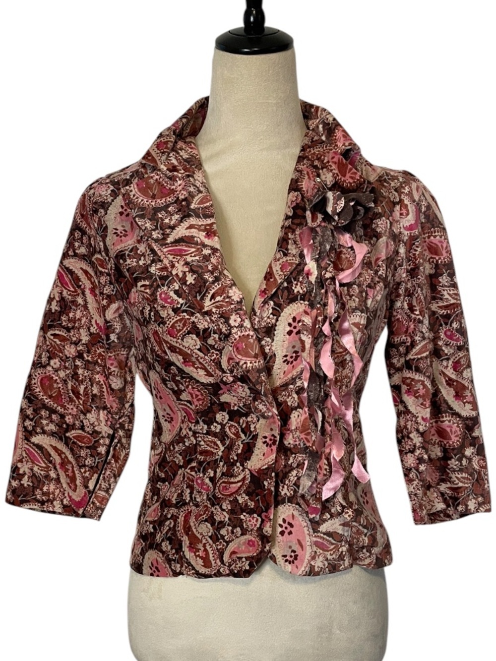 ANGIE Y2K Boho Velvet Cropped Blazer Jacket Flower Pink Brown S NWT